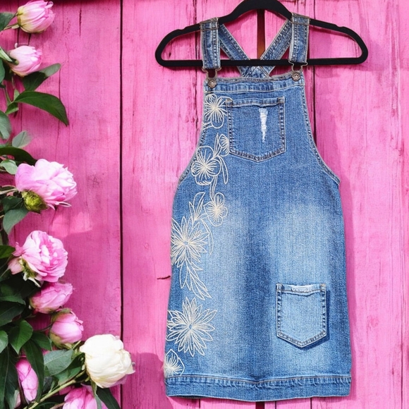 Lucky Brand Other - Lucky Brand Denim Overall Dress with Floral Embroidery